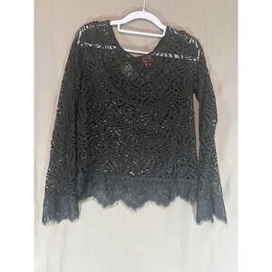 Daytrip Black Lace Long Sleeve Top Scalloped Eyelash Hem Sheer Boho‎ Small
